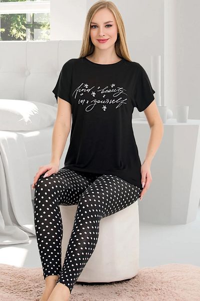 quilling Lady 12565 Set de pijamale cu mânecă scurtă din bumbac și viscoză cu buline negre Polka Dot