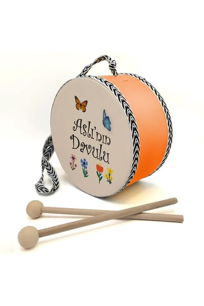 Sadrazam Çiçekli-Kelebekli_İsimli , Turuncu , Gerçek Deri Çocuk Davulu