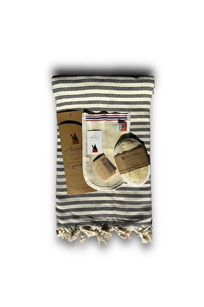 Develi Bamboo Cotton Black Cream Beach and Bathroom Pestemal Set