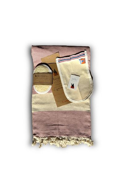 Develi Pink Bamboo Cotton Beach and Bathroom Pestemal Set