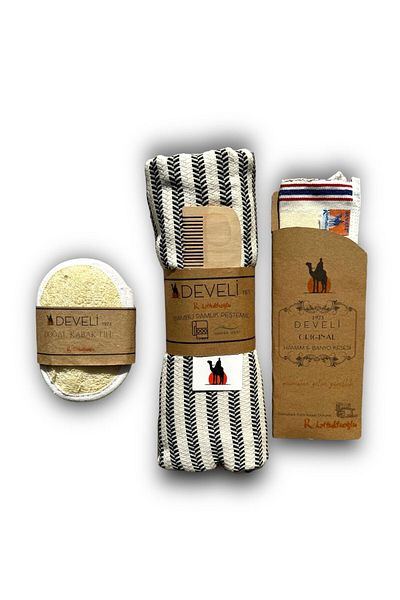 Develi Bamboo Cotton Black Cream Beach and Bathroom Pestemal Set