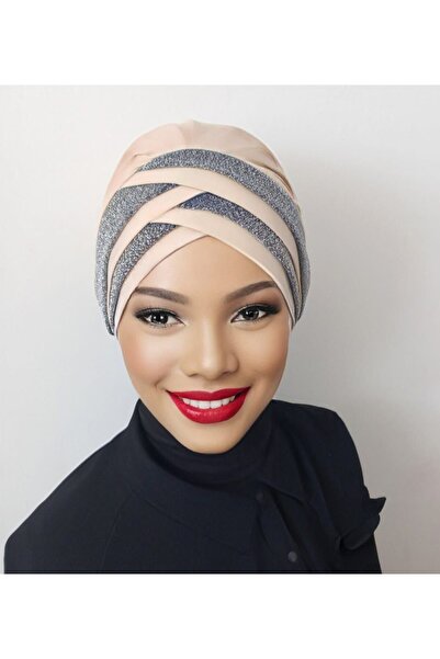 Polikromi Kadın Pudra Renk Simli Bant  Detay Hazır Türban Tesettür Bone Eşarp...