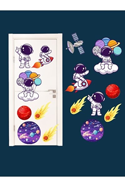 Etiketçi Paşa Astronot - Uzay- Gezegen - Kapı Duvar Çocuk Odası Sticker -8 li...