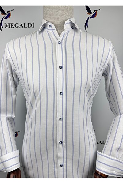 MEGALDİ Erkek Slim Fit Kesim Beyaz Mavi Çizgili Uzun Kollu Gömlek