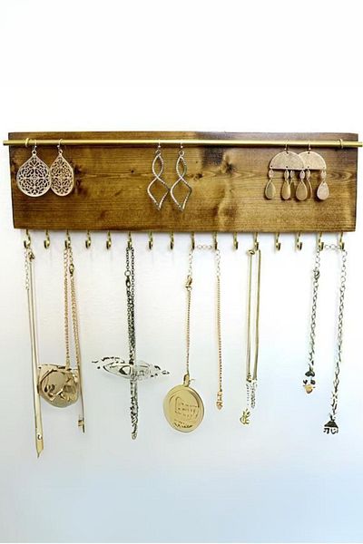 viveres Elegance Series - Walnut Color Wooden Organizer, Necklace and Bracelet Glasses Wall Hanger