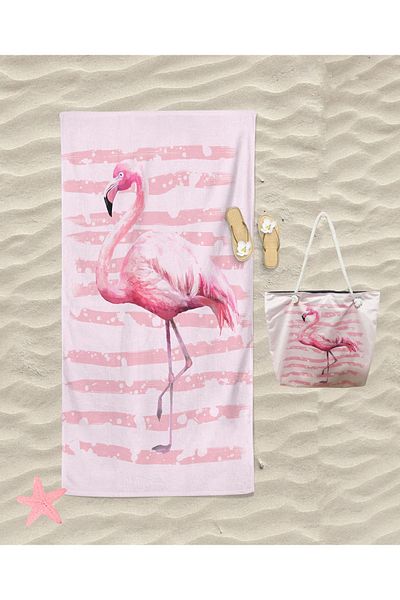 Erays Home Σετ παραλίας με μοτίβο Flamingo - Πετσέτα μπάνιου με πετσέτα και τσάντα, ψηφιακή εκτύπωση
