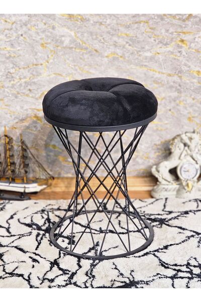 ZAFİR Yuvarlak Siyah Boyalı Siyah Puf Oturak - Bench - Ayak Ucu Oturak - Tabure - Makyaj Oturak