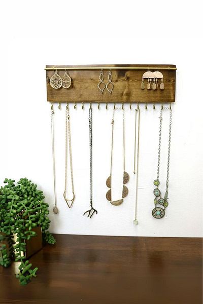 viveres Elegance Series - Walnut Color Wooden Organizer, Necklace and Bracelet Glasses Wall Hanger