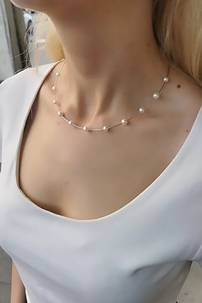 Utku Kuyumculuk 14 Ayar Beyaz Altın İncili İtalyan Kolye