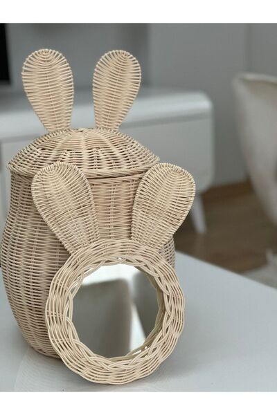 DEKORATTAN Rattan Bambu Tavşan Kulak Sepet Ve Ayna Set