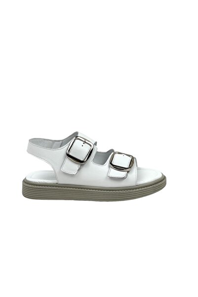 bescobel White Genuine Leather Women's Sandals - Double Buckle