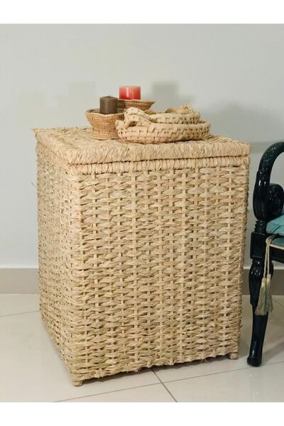 Savana El Yapımı Sanatları Sativus Ahşap Ve Hasır Sehpa 2'li Set (KAPAKLI SANDIK /DÜZENLEYİCİ/OYUNCAK SEPETİ) Y. 55/45 Cm