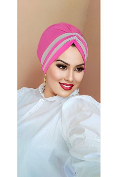 Polikromi Kadın Pembe Renk  Büzgü Bant Modelli Hazır Türban Tesettür Bone Eşa...