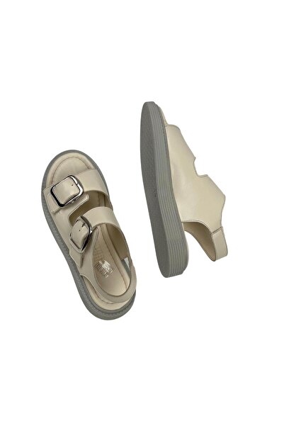 bescobel Beige Yeksan Genuine Leather Women's Sandals - Double Buckle