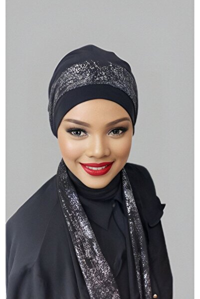 Polikromi Kadın Siyah Renk simli Bant Modelli Atkılı Türban Tesettür Bone Şal...