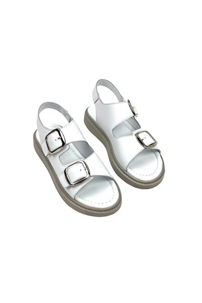 bescobel White Genuine Leather Women's Sandals - Double Buckle