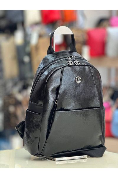 OUEEN ELİZABETH Black Patent Leather Large Size Women's Backpack with 7 Compartments