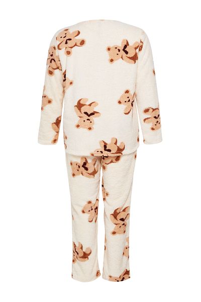 Trendyol Curve Teddy Bear Patterned Plush Knitted Pajama Set - Ecru Tbbaw25Ai00005