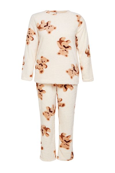 Trendyol Curve Teddy Bear Patterned Plush Knitted Pajama Set - Ecru Tbbaw25Ai00005