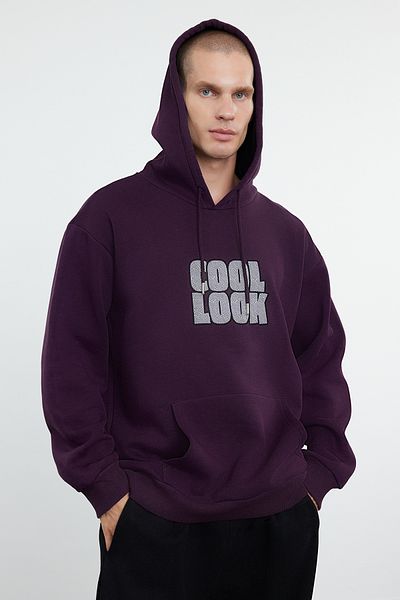 Trendyol Collection Μωβ κεντημένο υπερμεγέθη φλις φούτερ με κουκούλα - TMNAW25sw00030