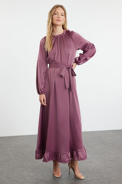 Trendyol Modest Σατέν υφασμένο φόρεμα αποξηραμένο τριαντάφυλλο - Λεπτομέρεια ζώνης, TCTSS24EB00275