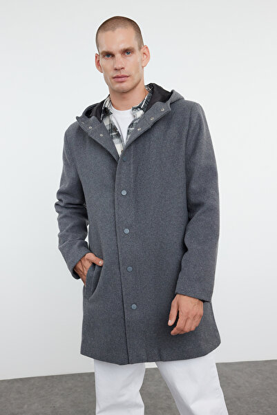 Trendyol Collection Pánský antracitový zimní kabát s kapucí z vlny - TMNAW25KB00001