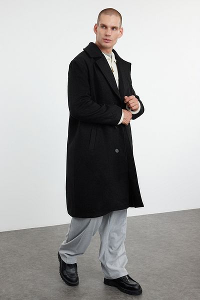 Trendyol Collection Übergroßer Wintermantel mit Prägung für Herren - Wollmischung Schwarz TMNAW25KB00004