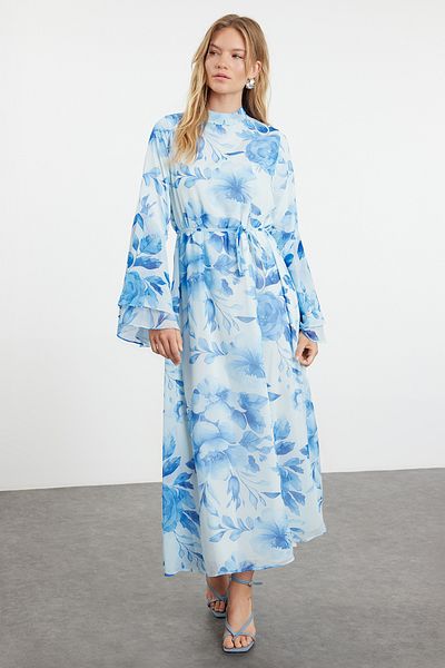 Trendyol Modest Φόρεμα μπλε σιφόν με λουλουδάτο μοτίβο - με υφαντή επένδυση TCTSS24EB00276