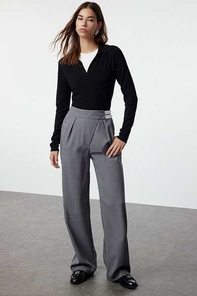 Trendyol Collection Anthracite Wide Leg and Elastic Waist Pants - Belt Detailed, TWOAW25PL00015