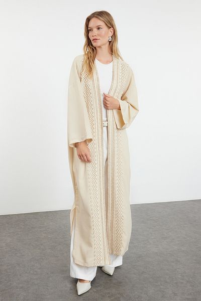 Trendyol Modest Beige besticktes Leinengewebe - Mütze, Ferace und Abaya TCTAW25KF00002