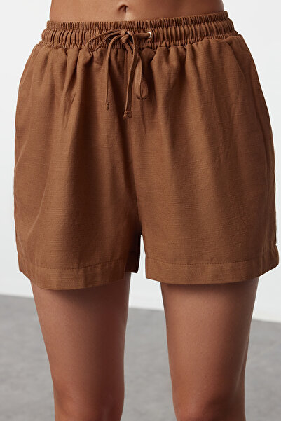 Trendyol Collection Vászon szőtt ing és rövidnadrág szett - barna TBESS24AU00054