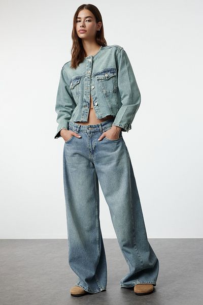 Trendyol Collection Vintage límec Crop Denim Jacket - Blue Pale Effect, Twoaw25Ce00004