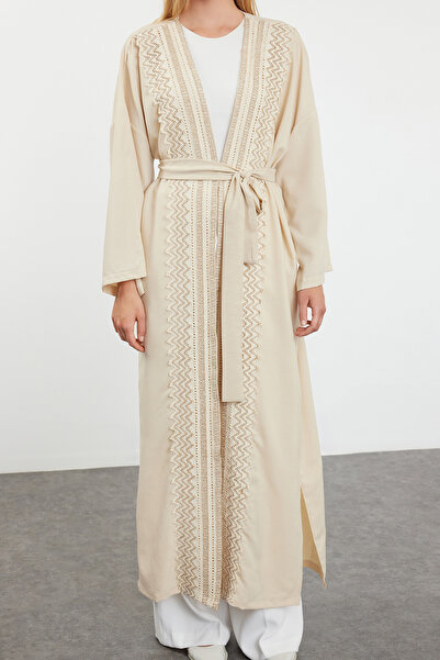 Trendyol Modest Beige Embroidered Linen Woven - Cap, Ferace and Abaya TCTAW25KF00002