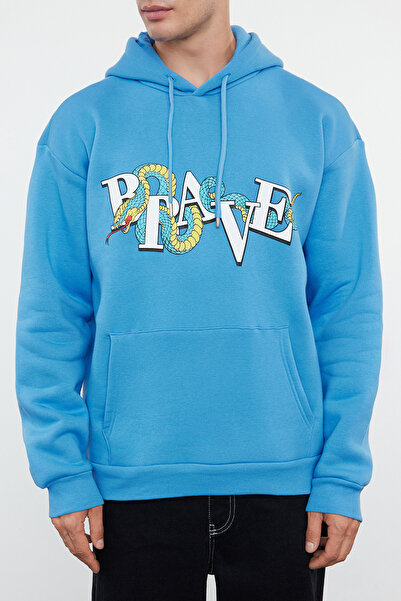 Trendyol Collection OverSize modrá fleecová mikina s kapucí – nadýchaný potisk, teplá TMNAW25SW00037