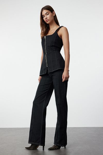 Trendyol Collection High Waist Lycra Black Jeans - Stitching Detail, Wide Leg TWOAW25JE00011