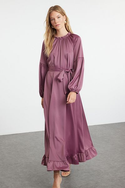 Trendyol Modest Σατέν υφασμένο φόρεμα αποξηραμένο τριαντάφυλλο - Λεπτομέρεια ζώνης, TCTSS24EB00275