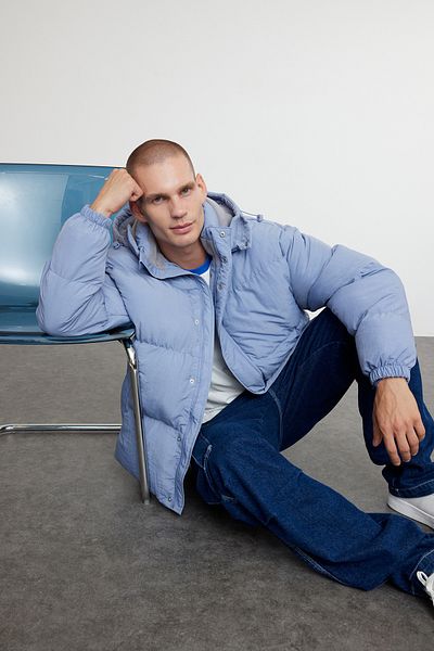 Trendyol Collection Světle modrá pánská bunda Puffer – oversize s kapucí, Taslan Tmnaw25Mo00005