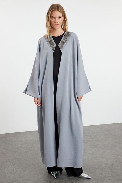 Trendyol Modest Gray Embroidered Woven - Cap, Ferace and Abaya TCTSS24KF00044