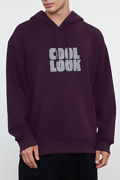 Trendyol Collection Фіолетовий вишитий флісовий світшот великого розміру з капюшоном TMNAW25SW00030