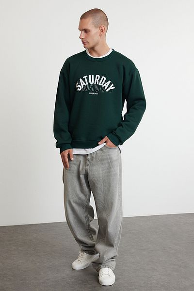 Trendyol Collection Σμαραγδένια Πράσινη Φούτερ εμπριμέ με φαρδύ κείμενο - TMNAW25SW00089