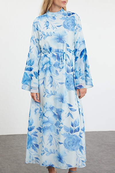 Trendyol Modest Rochie din șifon albastru cu modele florale - căptușită țesătă TCTSS24EB00276