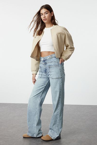Trendyol Collection Blugi cu talie înaltă cu buzunar albastru TWOAW25JE00016
