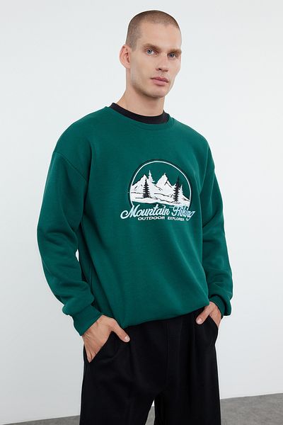 Trendyol Collection Smaragdově zelená vyšívaná oversize fleecová mikina - TMNAW25sw00025