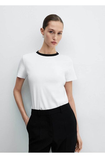MANGO Woman Tricou din bumbac cu guler contrastant