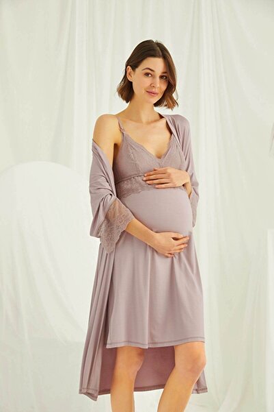 MONAMİSE Γυναικείο σετ νυχτικό εγκυμοσύνης με ρυθμιζόμενο λουράκι βιζόν με δαντέλα για θηλασμό