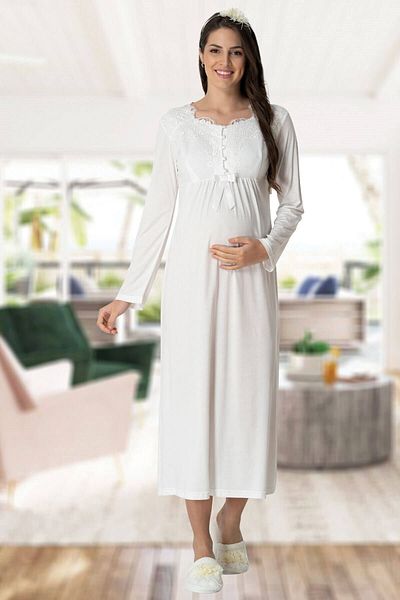 Mecit Pijama Mecit 5417 Ecru Μακρύ Νυχτικό εγκυμοσύνης με ρόμπα