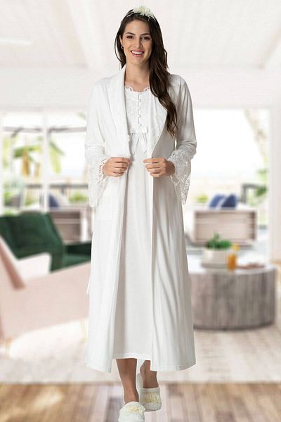 Mecit Pijama Mecit 5417 Ecru Μακρύ Νυχτικό εγκυμοσύνης με ρόμπα