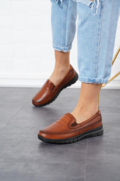 Moda Pie Reatu Moccasin Laser Genuine Leather Women's Shoes Tan Skin