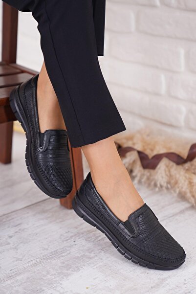 Moda Pie Reatu Moccasin Laser Genuine Leather Women's Shoes Black Skin