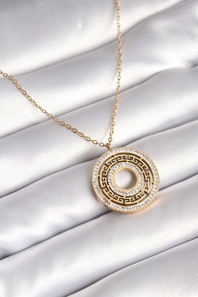 Moka Shopin Gold Colored 316l Steel - Zircon Stone Detailed Labyrinth Model Women's Necklace